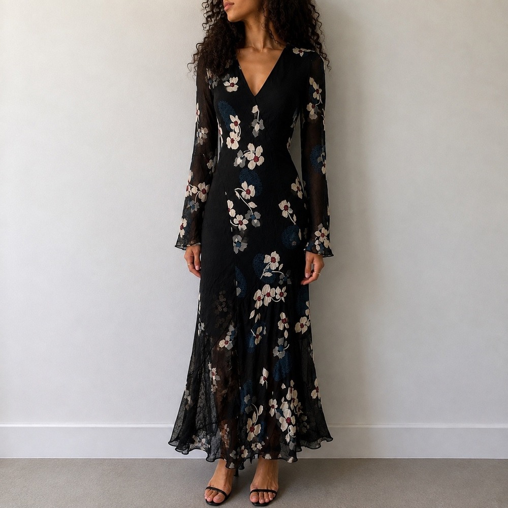 Mint Velvet Black Floral Maxi Dress Snake Print Size 6 Boho Whimsigoth